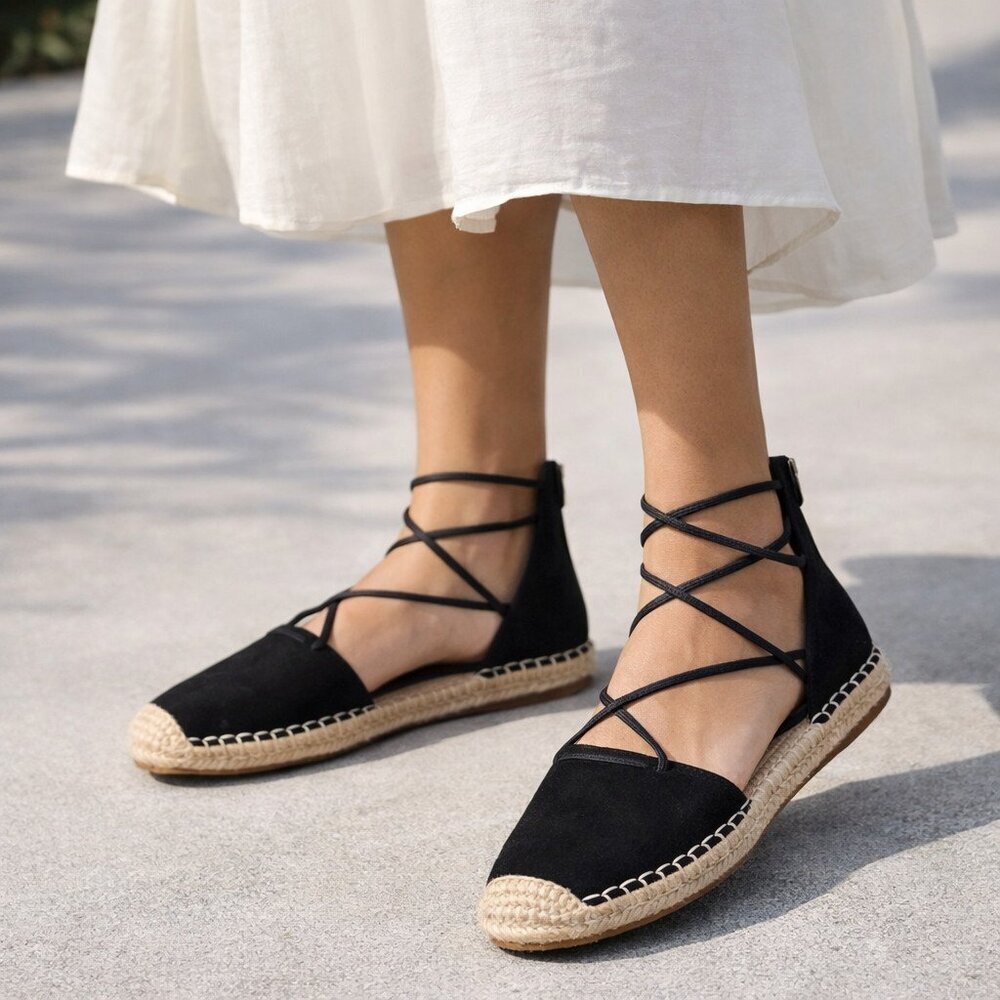 Eileen Fisher Black Suede Espadrille Flats Ankle Wrap Zip Women 8.5